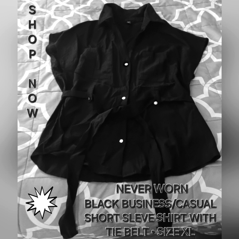 Black Short Sleeve Shirt • Button Up • Business/Casual • Tie Belt Included